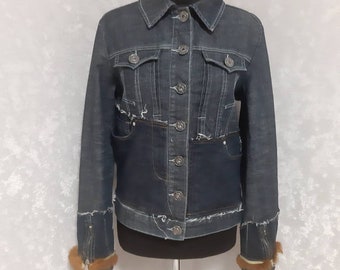 Veste grise en denim en patchwork faite main, taille S, veste Boro à partir de patchs en jean recyclés vieillis