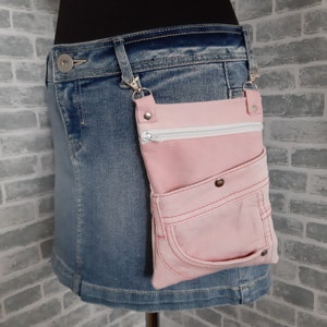 Handmade denim fanny pack, Casual hip pouch, Denim pink waist bag, Jean belt wallet, Crossbody purse of jeans