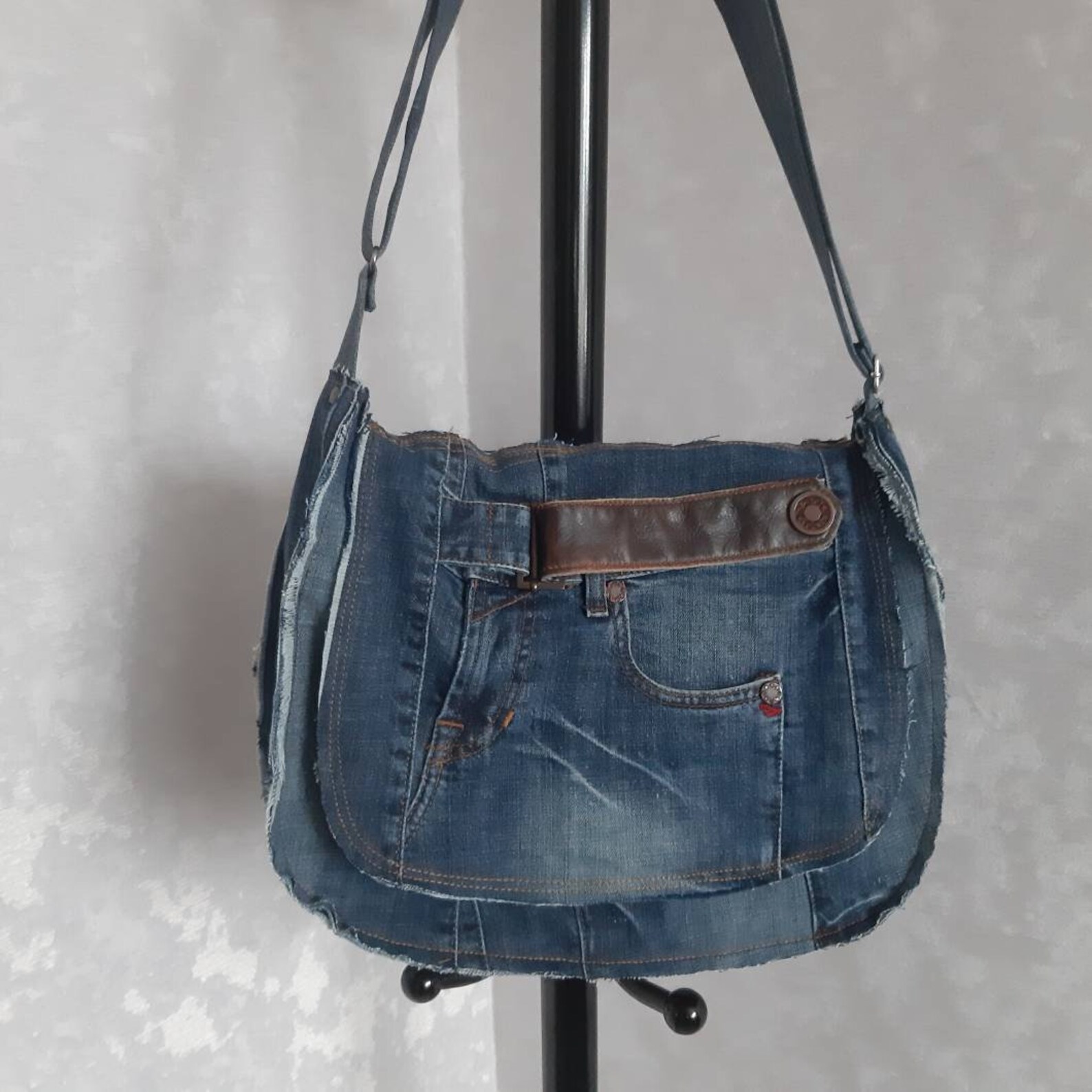 Denim Messenger Bag Casual Denim Bag With Long Adjustable Etsy