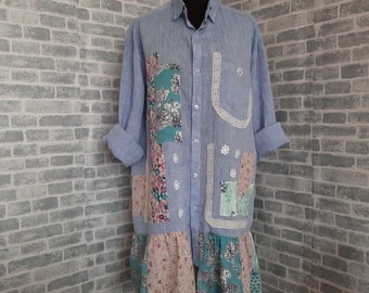 Oversize romantische blauwe overhemdjurk, Boho-jurk in zigeunerstijl, Casual patchwork-tuniek