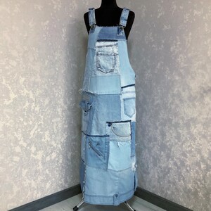 Handmade L denim patchwork overall dress, Casual long sarafan of shabby jeans, oversize denim sundress in hipster style