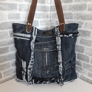 Handmade hobo denim bag with leather top handles, Casual tote of shabby jeans, Patchwork jean bag