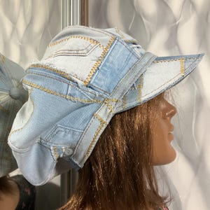 Gorra de vendedor de periódicos extragrande hecha a mano con parches de mezclilla de 24", sombrero de mezclilla azul bohemio de estilo urbano, sombrero de parches con rastas Falls de 61 cm