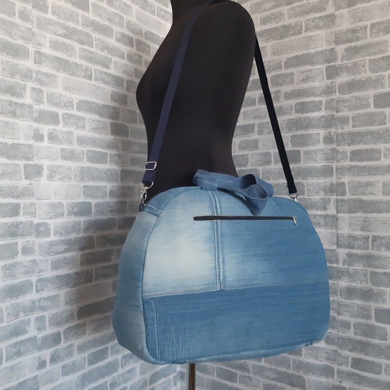Large travel denim bag, denim shabby tote, weekender denim bag from recycled jeans image 4