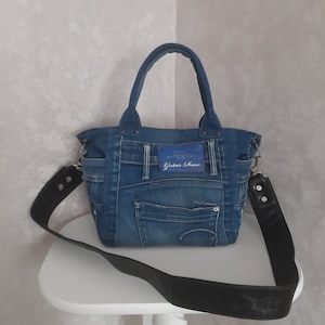 Handmade casual denim bag medium size, Jean top handles bag, Blue purse of shabby jeans