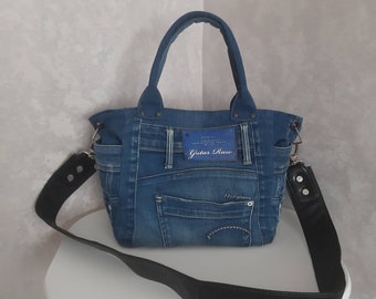 Handmade casual denim bag medium size, Jean top handles bag, Blue purse of shabby jeans