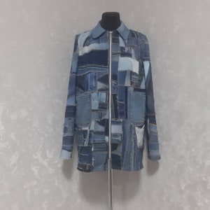 May include: A patchwork denim jacket with a collared neckline and a full-length zipper. The jacket features a variety of denim shades, creating a unique, textured appearance. Two front pockets are visible. The jacket is displayed on a mannequin.