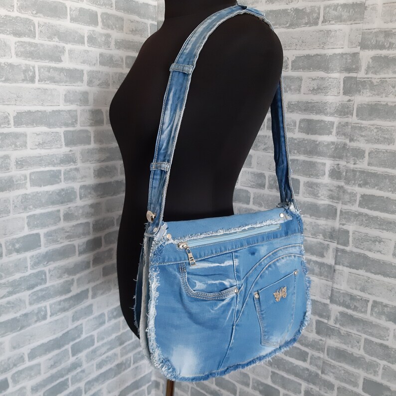 Denim messenger bag Casual denim bag medium size Blue boho Etsy
