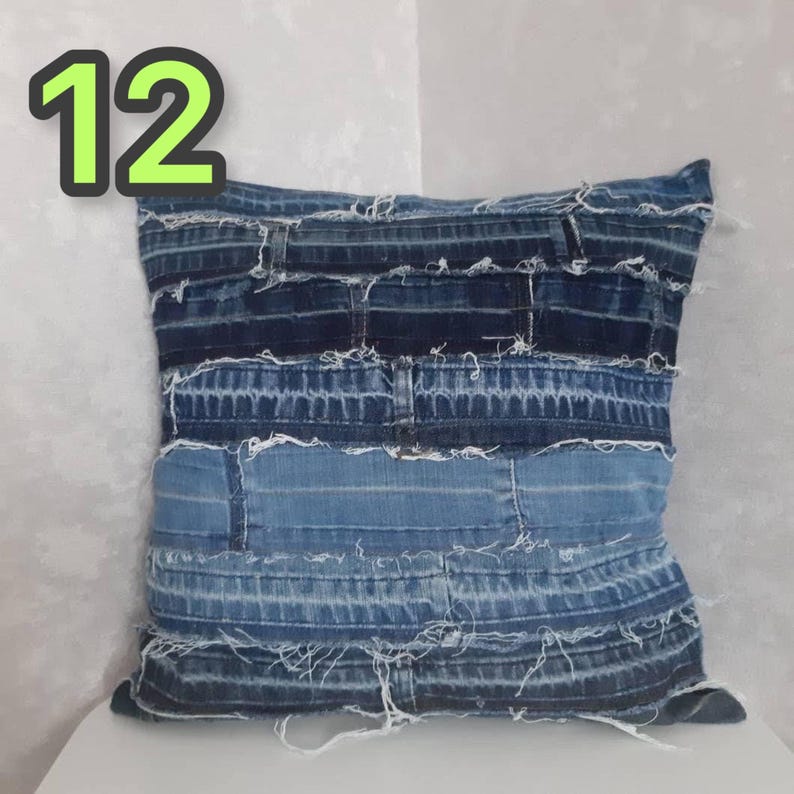 Crazy Patchwork Denim Pillowcase 40x40cm, Blue Boro Pillow Cover, Recycled Jeans Cushion Cover, Boho Farmhouse Throw Pillow, Vintage Denim image 13