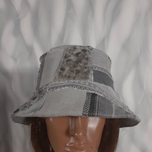 Handmade denim patchwork bucket hat 23&quot;, Boho gray jean hat in street fashion style, Boro crazy patchwork hat 59cm