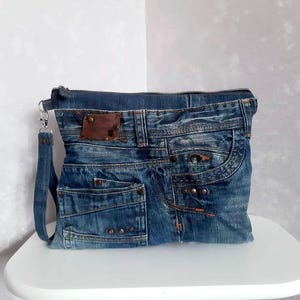 Handmade casual denim clutch bag, Evening large clutch of shabby jeans with additional wrist strap, Denim tablet purse