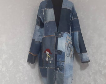 Blue patchwork denim coat size XL, Boro long jacket from recycled jean distressed patches