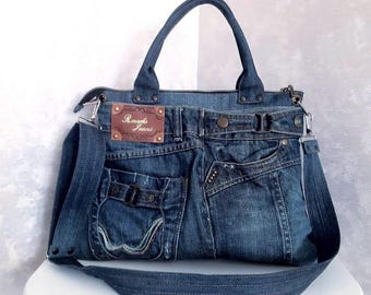 Denim Hobo Bag, Recycled Jeans Shoulder Bag, Crossbody Denim Purse, Casual Jean Handbag, Patchwork Denim Tote, Sustainable Boho Bag