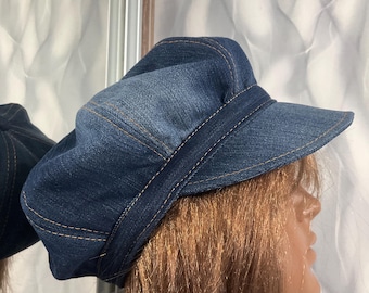 Übergroße Patchwork-Schiebermütze aus Denim, 60 cm/23,6 Zoll, blaue Jeans-Boho-Mütze, recycelte Denim-Street-Fashion-Mütze, handgefertigte Patchwork-Schiebermütze