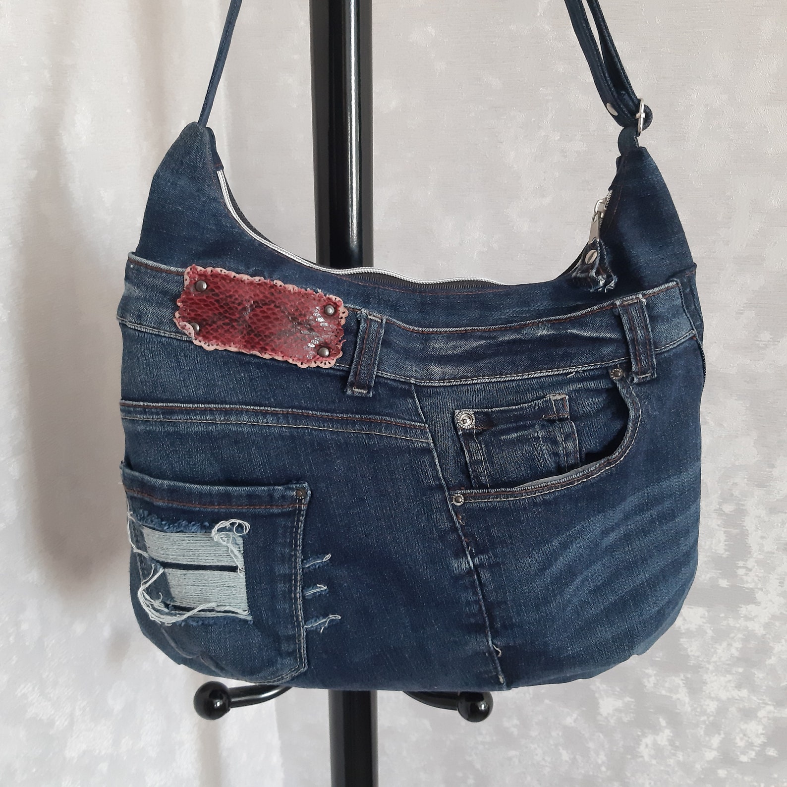 Hobo denim bag medium size Jean shoulder bag Casual handbag of | Etsy