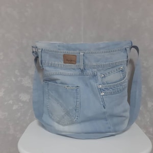Handmade light blue denim bag, Casual handbag of light shabby jeans, Denim shopper tote, Slouchy shoulder jean bag