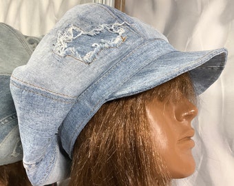 Denim newsboy patchwork cap 23", Boho light blue jean cap in street fashion style, Fanny patchwork hat 58cm
