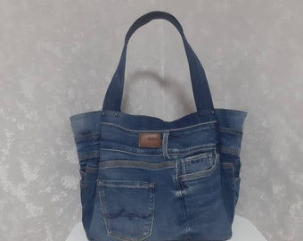 Grand sac en jean, sac fourre-tout décontracté de jeans shabby, sac de marché en jean