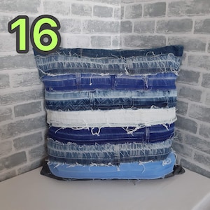 Crazy Patchwork Denim Pillowcase 40x40cm, Blue Boro Pillow Cover, Recycled Jeans Cushion Cover, Boho Farmhouse Throw Pillow, Vintage Denim image 17