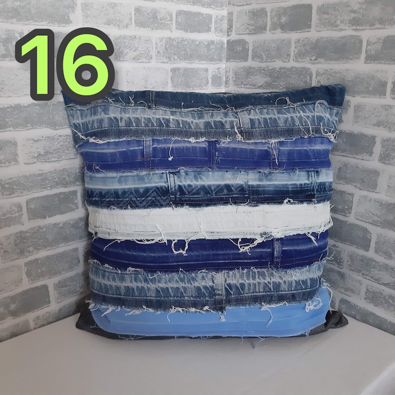 Crazy Patchwork Denim Pillowcase 40x40cm, Blue Boro Pillow Cover, Recycled Jeans Cushion Cover, Boho Farmhouse Throw Pillow, Vintage Denim image 17