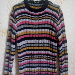 Handmade bright striped sweater knitted by hand, Unisex casual sweater