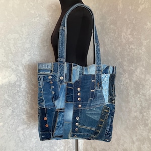 Handmade extra large hobo denim bag, Patchwork tote bag of recycled jeans, Casual market denim bag