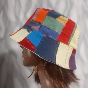 Denim large patchwork hat 25", Boho rainbow jean hat in street fashion style, Boro crazy patchwork hat 64cm