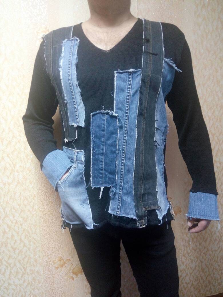 Suéter de punto negro para hombre hecho a mano con parches de jeans reciclados, suéter casual Boro