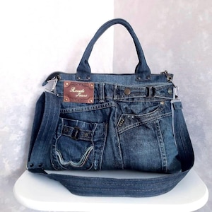 Handmade hobo denim bag medium size, Jean shoulder bag, Casual handbag of recycled jeans, Crossbody purse of shabby jeans