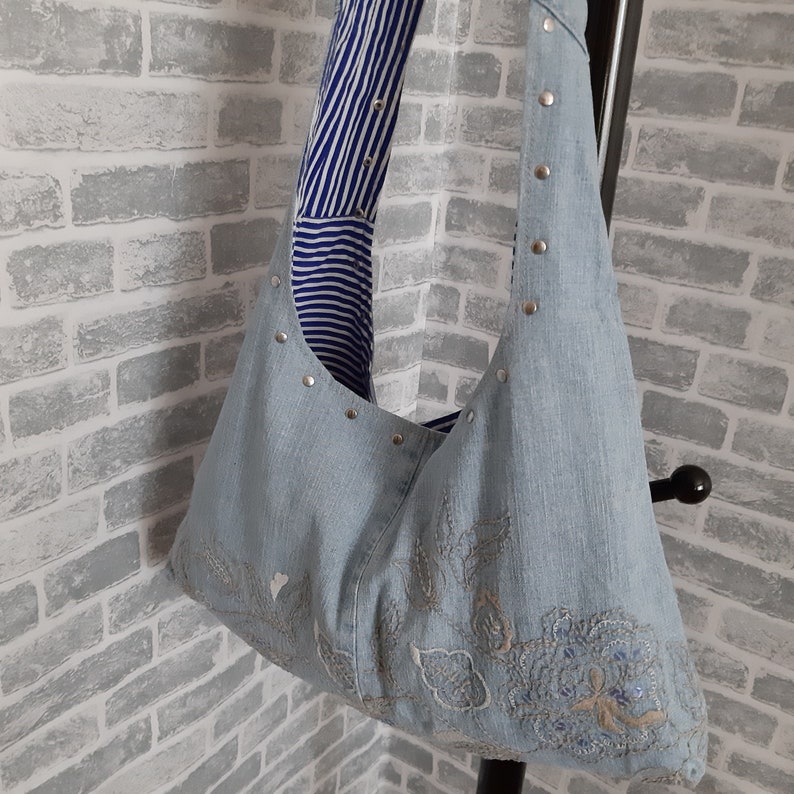 Light blue denim bag with embroidery Etsy