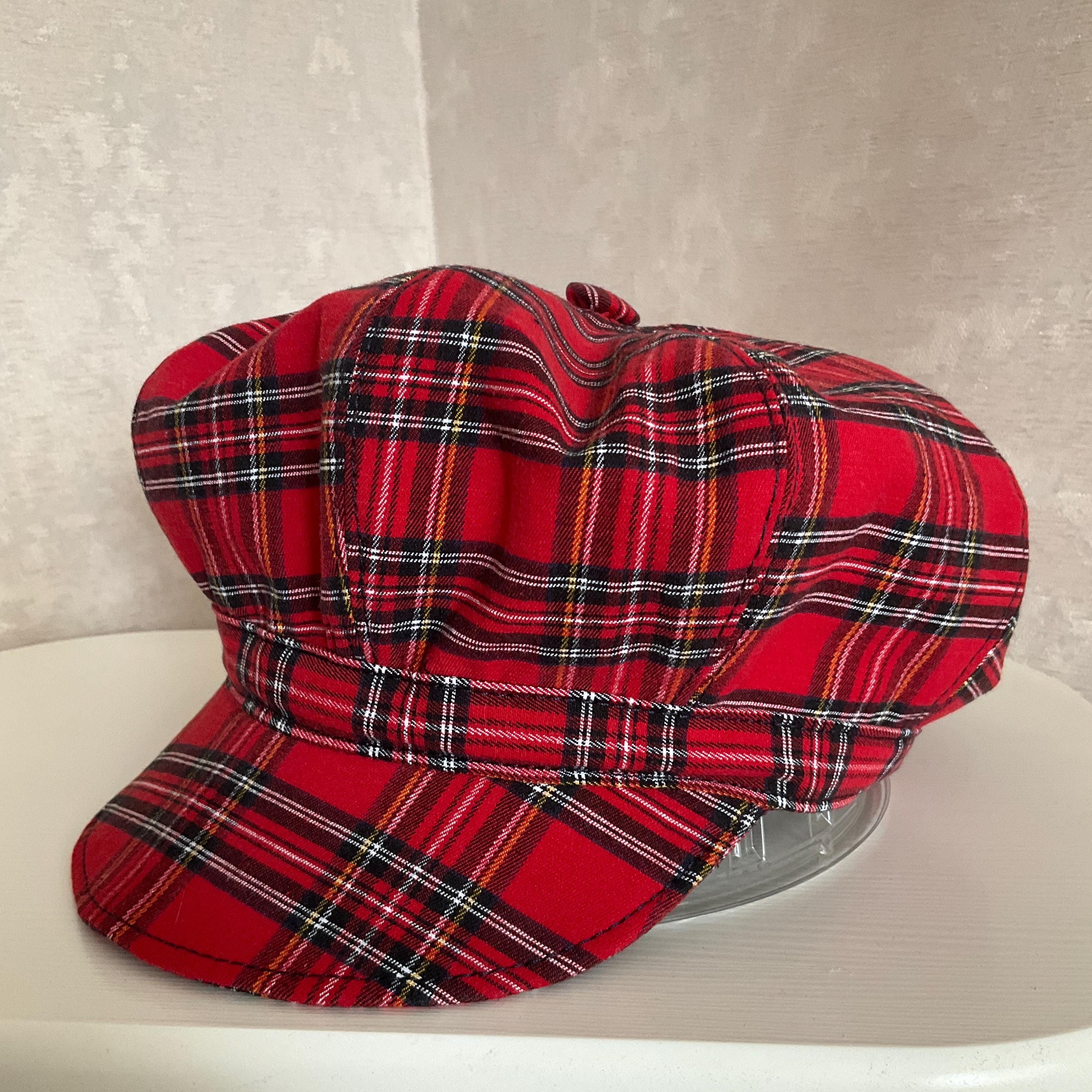 Denim Newsboy Cap 58cm/22.8”, Red Plaid Patchwork Hat, Boho 