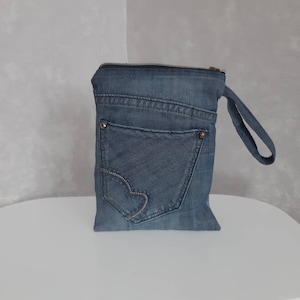 Handmade denim wristlet purse, Casual small pouch of jeans, Jean phone case, Denim wallet