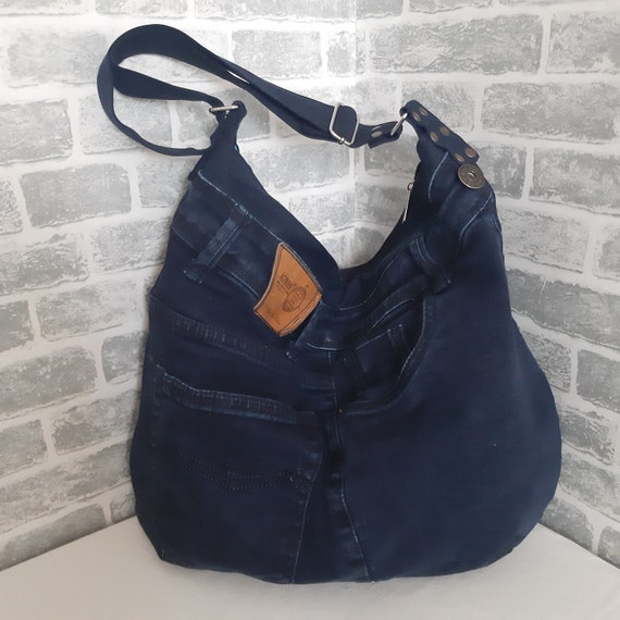 Dark blue hobo denim handbag Jean slouchy bag Casual large bag | Etsy