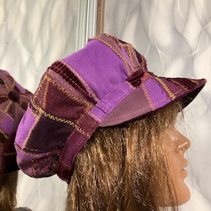 Handmade denim corduroy newsboy cap 22,4", Velvet Rasta hat 57cm in street fashion style, Dark fuchsia patchwork hat