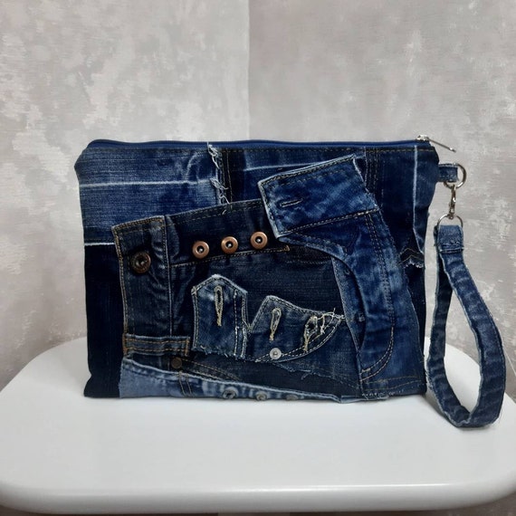 Vintage boro denim clutch bag, Blue clutch of distressed jeans, Casual jean  bag