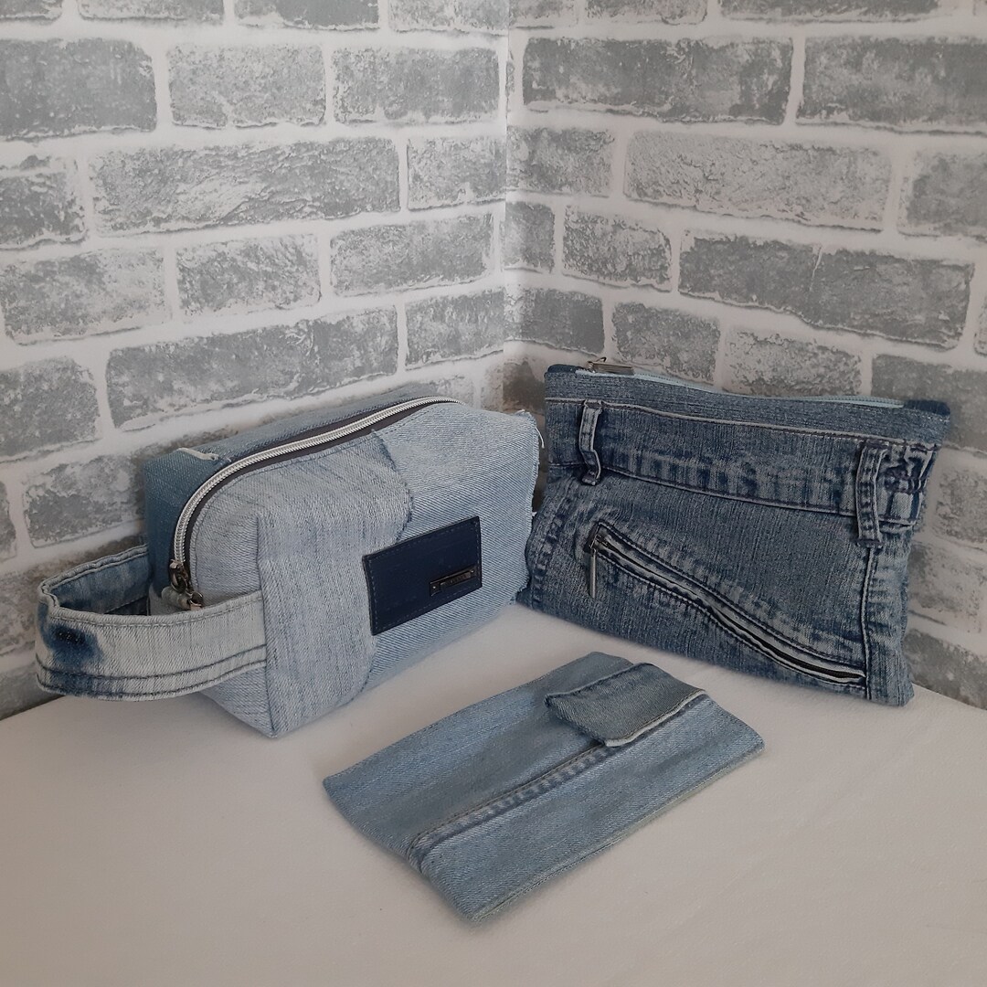 Denim Male Set of 3 Bags Jean Dopp Kit Hip Pouch of Jeans - Etsy