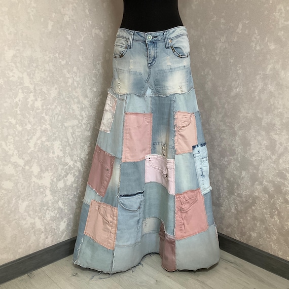 ハンドメイドのライトブルーデニムパッチワークスカート（ウエスト32