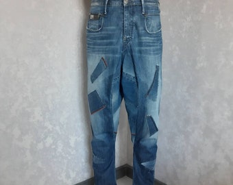 XL Denim shabby harem pants waist 35", Patchwork baggy jeans, Unisex denim trousers, Street fashion yoga pants, Handmade from Ukraine