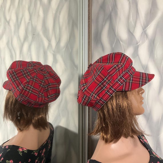 Upcycled Plaid Denim Newsboy Paperboy Cabbie Hat Denim Newsboy Cap 58cm/22.8”, Red Plaid Patchwork Hat, Boho  main image 4