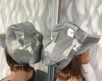 Handgemachte Oversized Denim Patchwork Zeitungsjunge Mütze 61 cm, Boho Grauer Jeanshut im Street Fashion Style