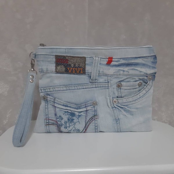 Denim wristlet clutch bag, Casual clutch bag of recycled jeans, Denim evening clutch