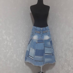 Handmade L Denim patchwork skirt waist 33", Casual midi skirt of shabby jeans, Blue jean skirt in hipster style