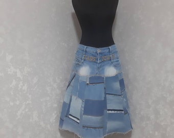 L Denim patchwork skirt waist 33", Casual midi skirt of shabby jeans, Blue jean skirt in hipster style