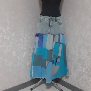 Handmade L Denim patchwork skirt waist 34&quot;, Casual long skirt of shabby jeans, Bright blue jean maxi skirt in gipsy style
