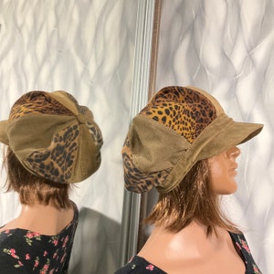 Handmade denim corduroy newsboy patchwork cap 22&quot;, Boho brown jean hat 56cm in street fashion style