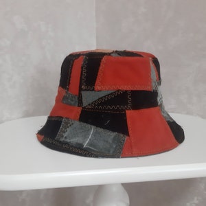 Multicolour denim patchwork hat 23", Boho orange-black hat in street fashion style, Crazy patchwork hat 59cm