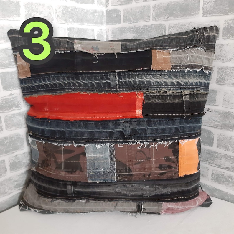 Crazy Patchwork Denim Pillowcase 40x40cm, Blue Boro Pillow Cover, Recycled Jeans Cushion Cover, Boho Farmhouse Throw Pillow, Vintage Denim image 4