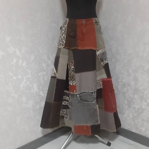 Handmade 3XL Denim patchwork skirt waist 44&quot;, Long skirt of shabby jeans, Multicolor jean maxi skirt in street fashion style