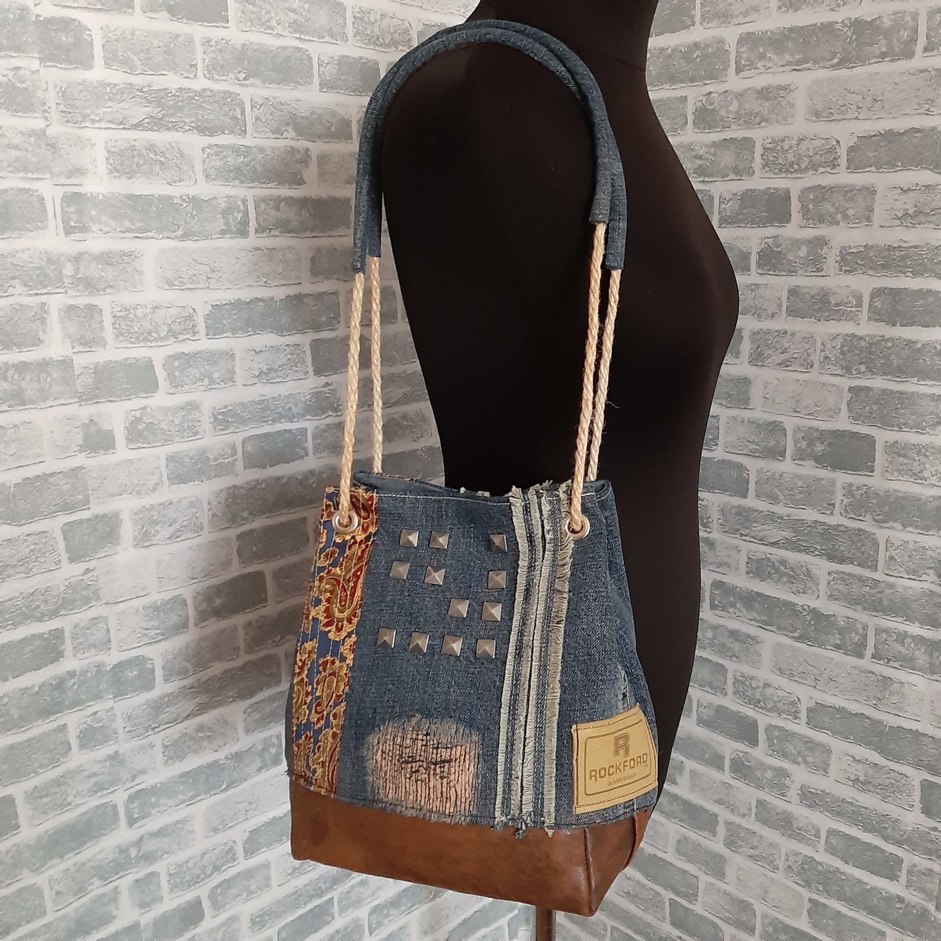 Hobo denim bag made from recycled jeans and leather in ethnic | Etsy