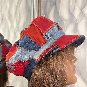 Handmade oversized denim patchwork newsboy cap 23,2", Boho blue red jean hat in street fashion style, Unisex denim hat 59cm
